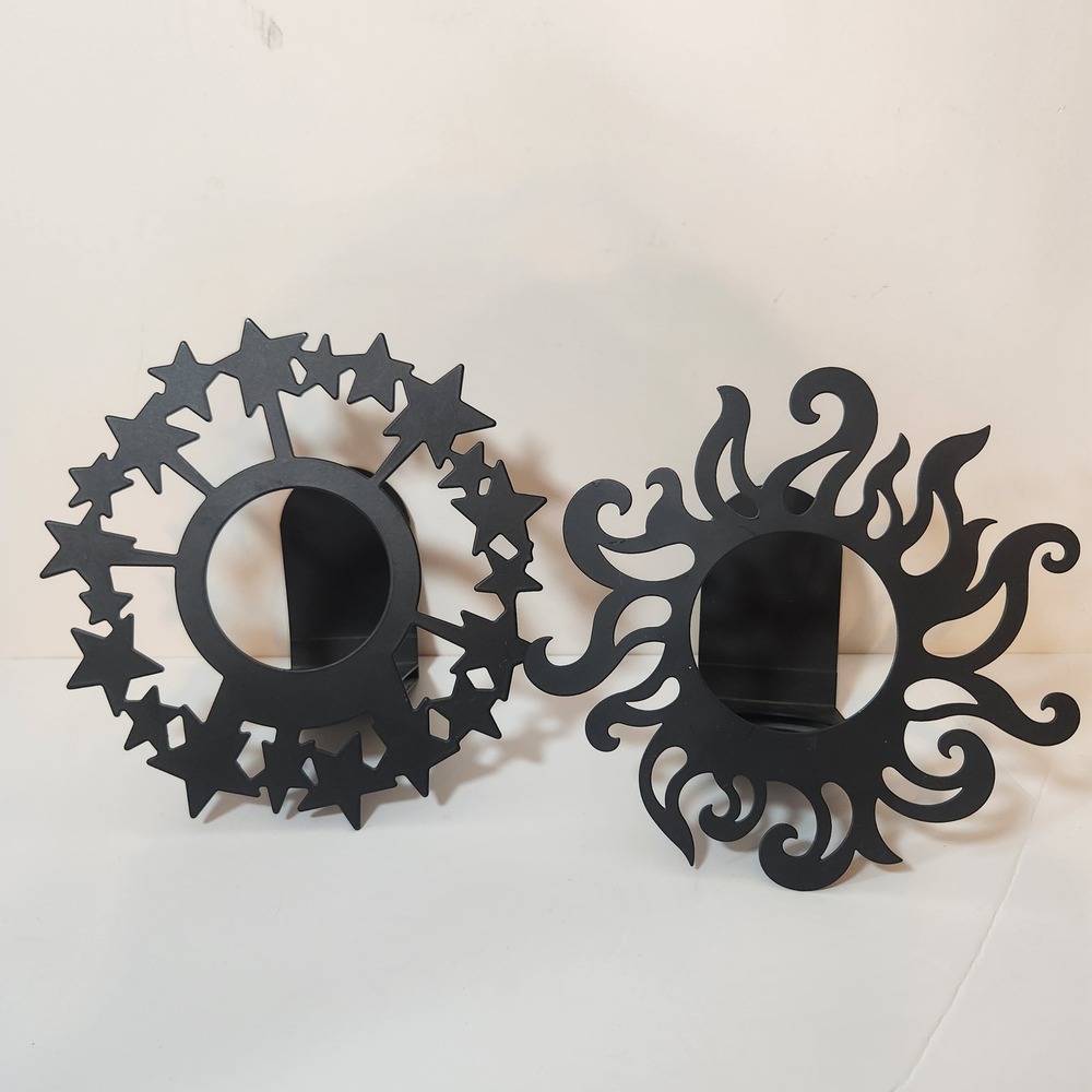 Vintage PartyLite Celestial Sun and Stars Metal‎ Wall Sconces Matte Black Set 2